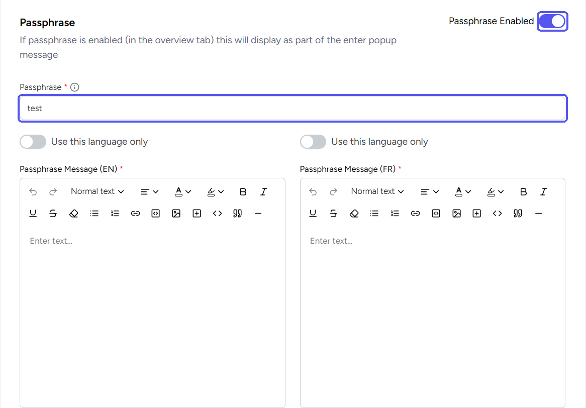 Passphrase section of Configuration Overview with the Passphrase Enabled toggle and the Passphrase field highlighted