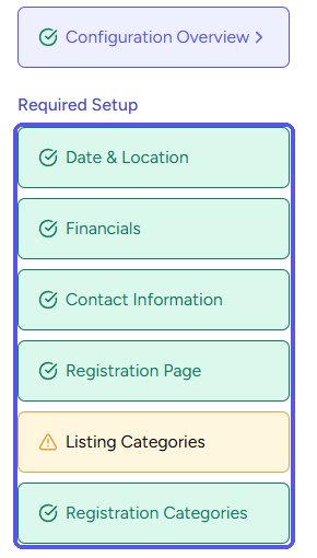 Required Setup in an Event Dashboard's Configuration tab, with five pages checked and Listing Categories showing a warning
