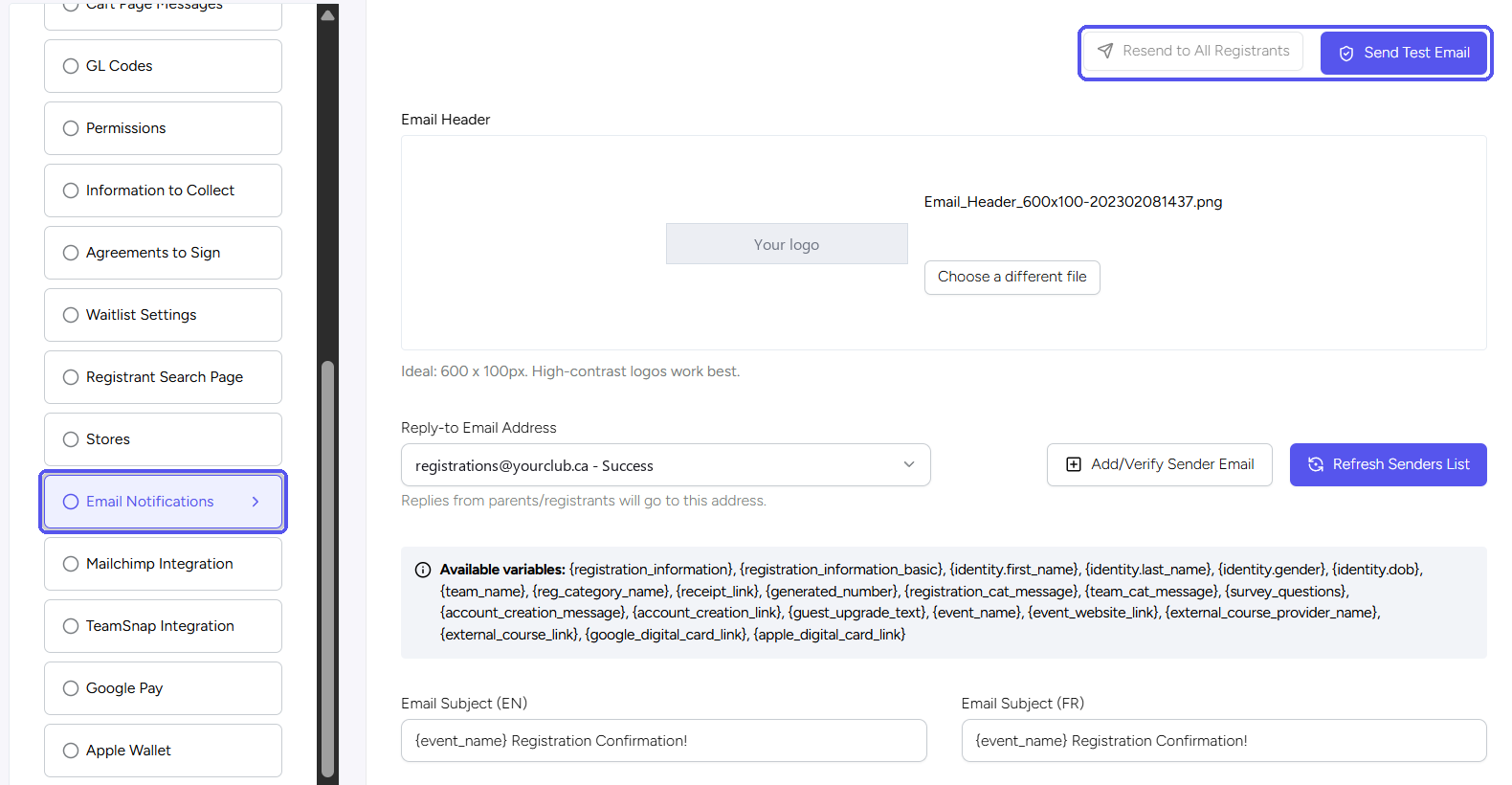 Registration Confirmation Email dans Email Notifications, avec les boutons Send Test Email et Resend to All Registrants