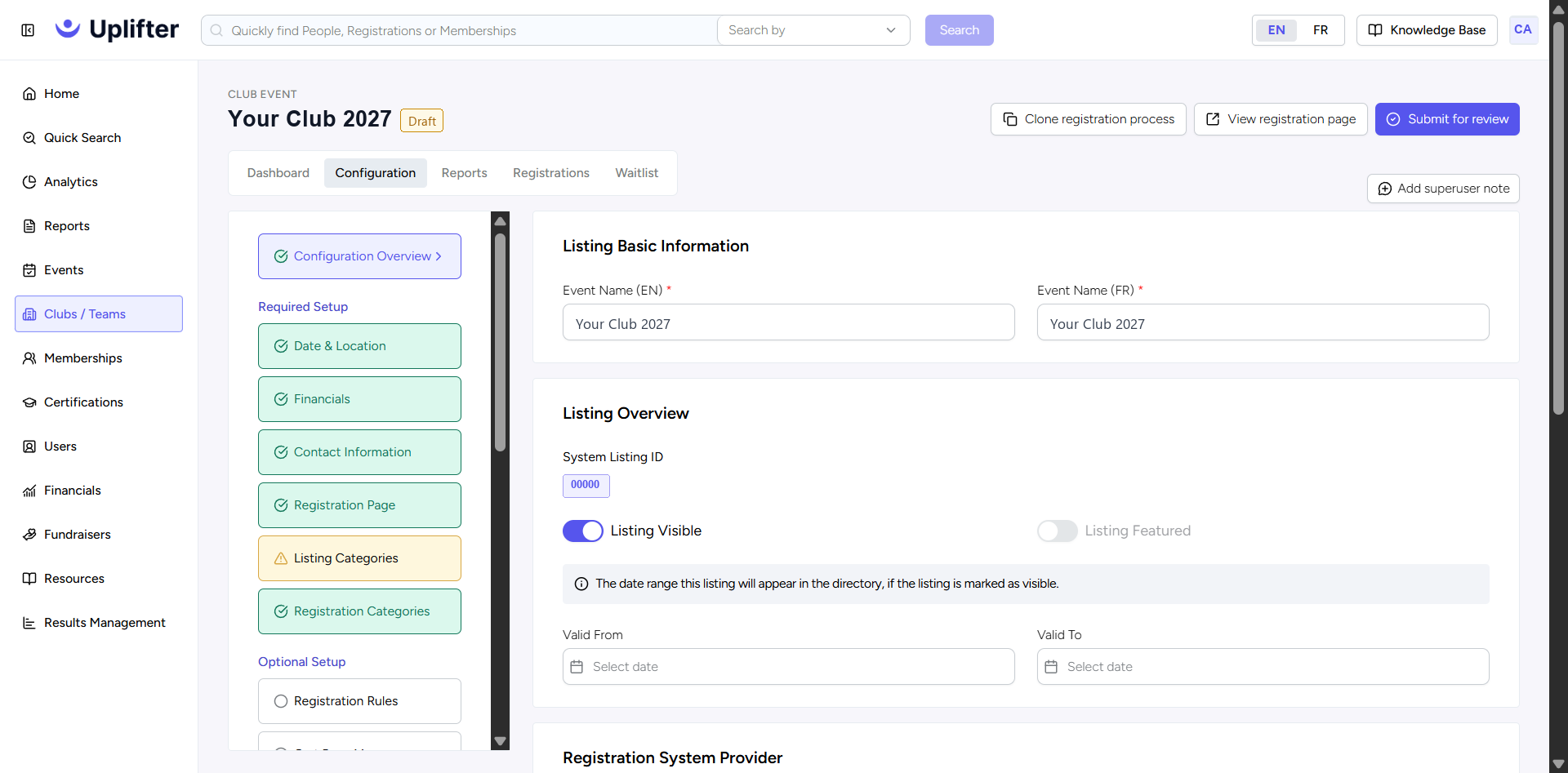 A club's Configuration tab in the new step-by-step setup, with the Club Event label above the club name and the Required Setup and Optional Setup steps down the side