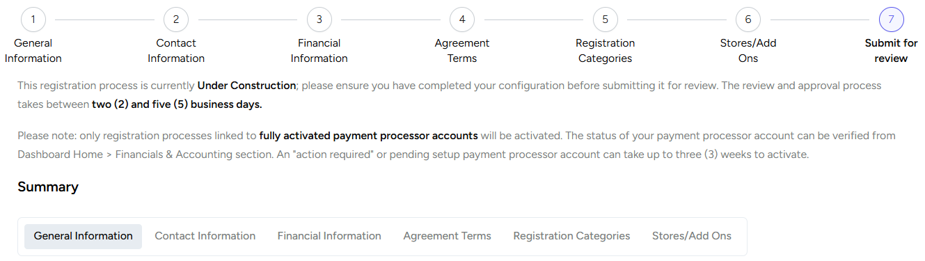 The Submit for review page of the Configuration Agreement, with the seven steps, the two to five business day review time and the Summary tabs