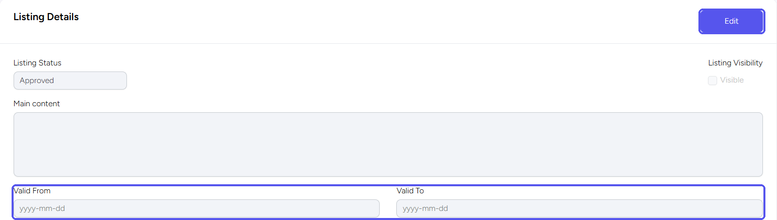 The Listing Details section of a membership listing, with the Edit button and the Valid From and Valid To dates highlighted