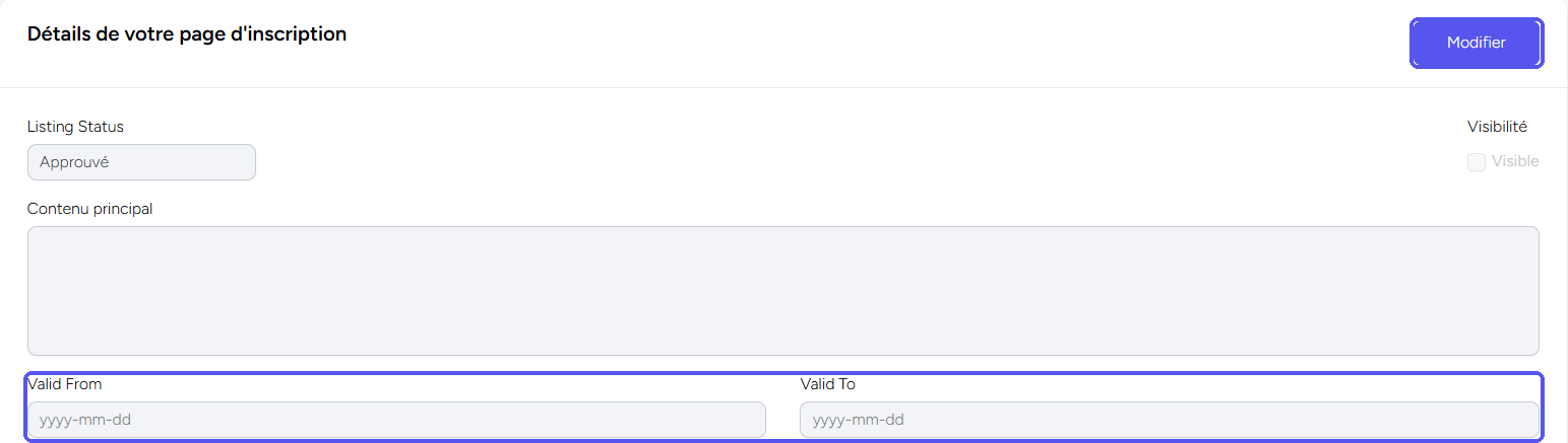 La section Détails de votre page d’inscription d’un référencement d’adhésion, avec le bouton Modifier et les dates Valid From et Valid To mis en évidence