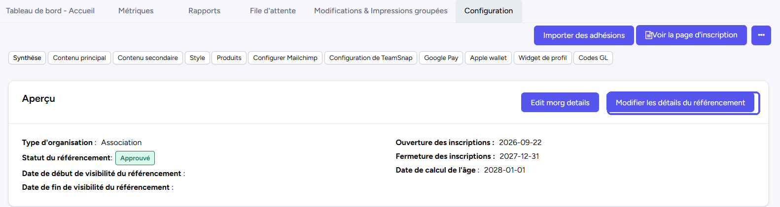 Configuration → Synthèse d’un organisme d’adhésion, avec le bouton Modifier les détails du référencement mis en évidence