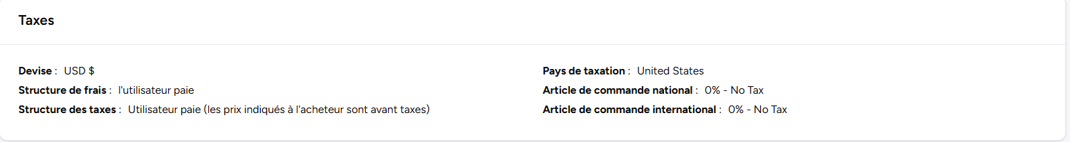 La section Taxes de l’aperçu d’un organisme d’adhésion, avec la devise, les structures de frais et de taxes, le pays de taxation et les taux national et international