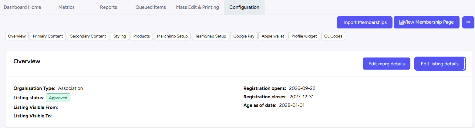 Configuration → Overview of a membership organization, with the Edit listing details button highlighted