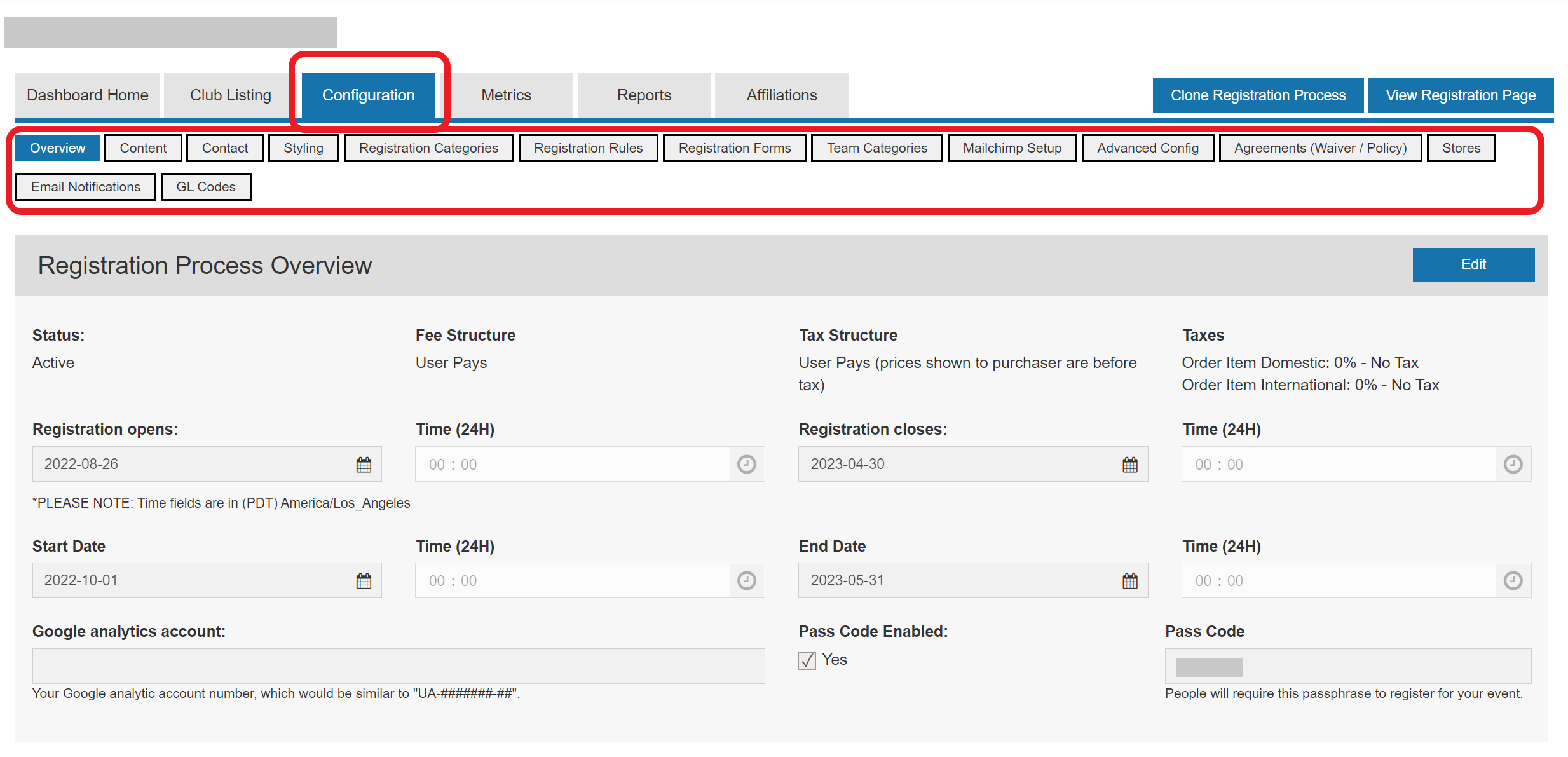 Configuration tab with its pages