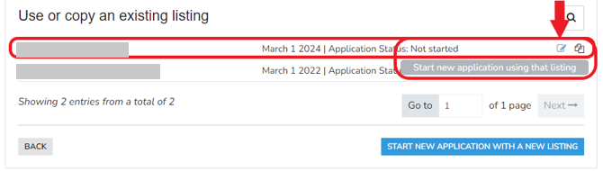 Team record list with the start-new-application option