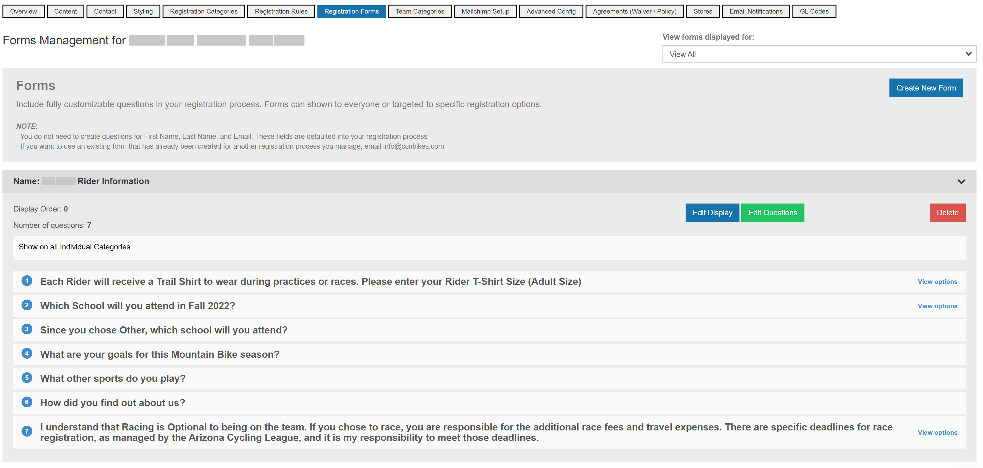 Registration form questions for the team