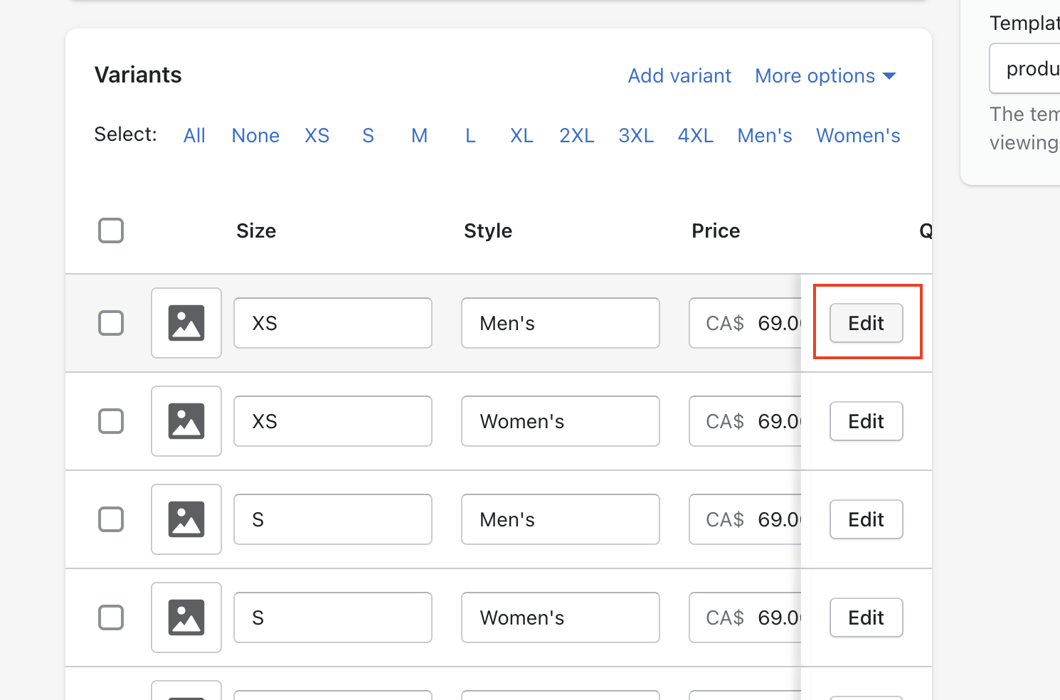 Variantes du produit Shopify avec le lien Edit