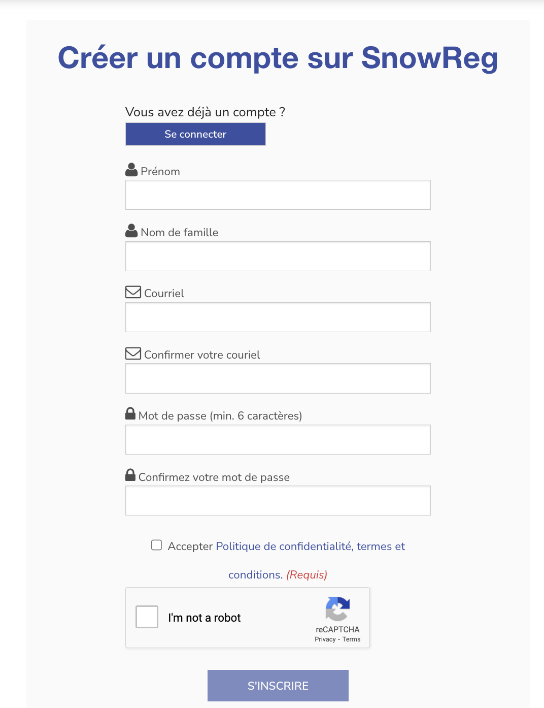 Formulaire de création de compte