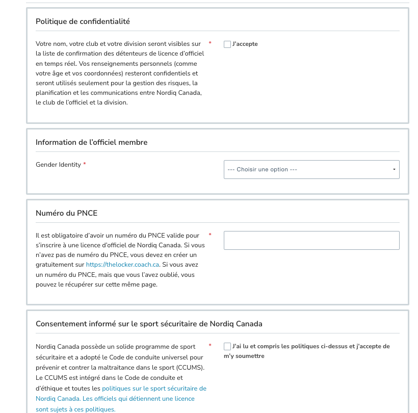 Questions d’inscription avec les champs obligatoires