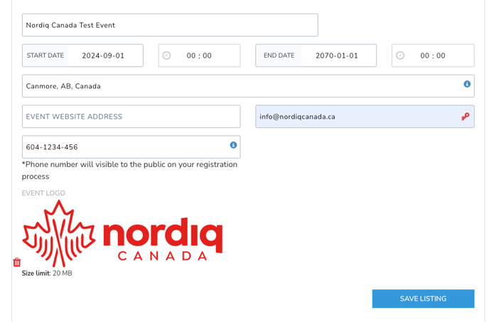 Formulaire de fiche avec dates, lieu et contact