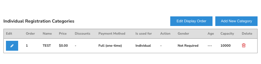Registration categories with the Add New Category button