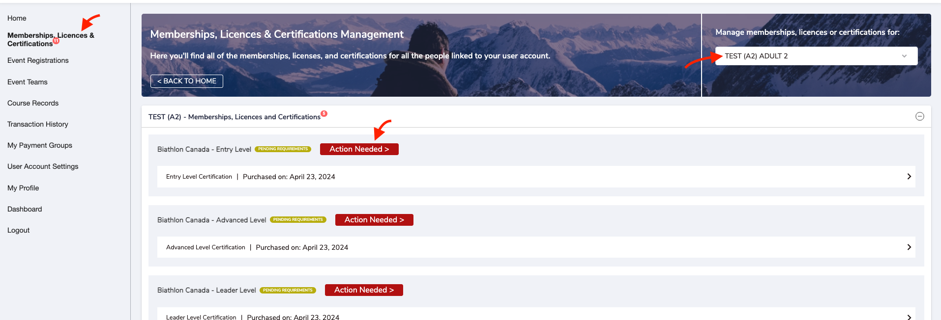 Page des adhésions avec les niveaux et Action nécessaire