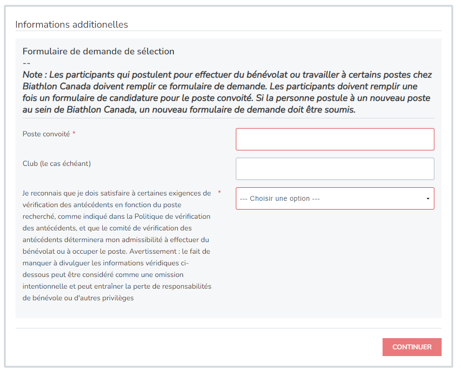 Questions du formulaire de demande de présélection