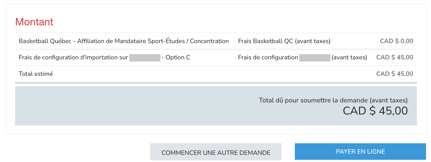 Fee summary for the affiliation application