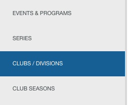 Menu d’administration avec Clubs / Divisions