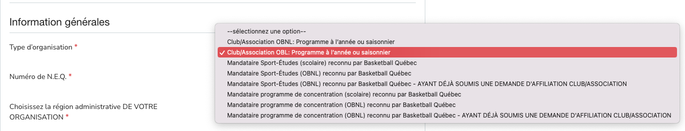 Questions de la demande d’affiliation