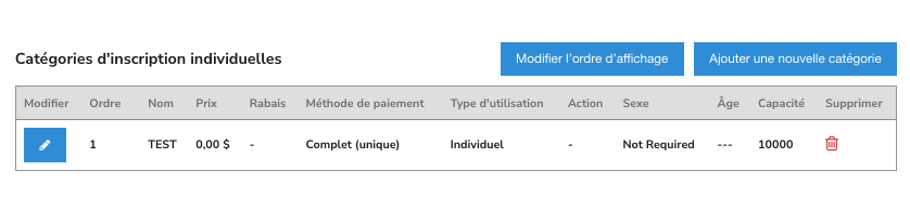 Catégories d’inscription avec le bouton Ajouter une nouvelle catégorie