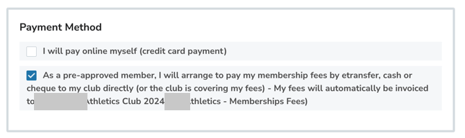 Payment method choice: pay online or invoice the club