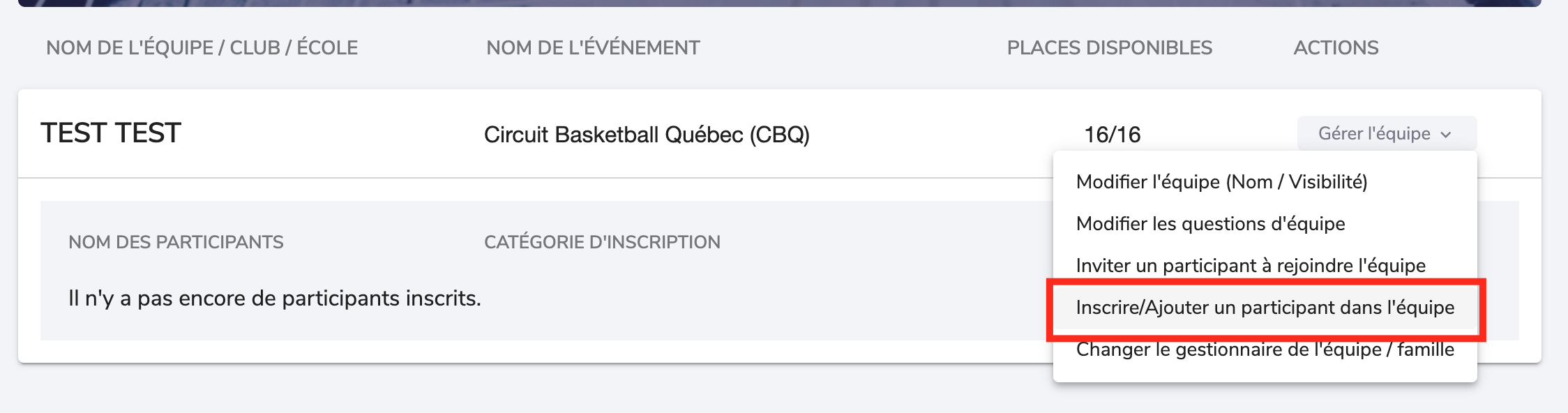 Manage the team page with Add a participant