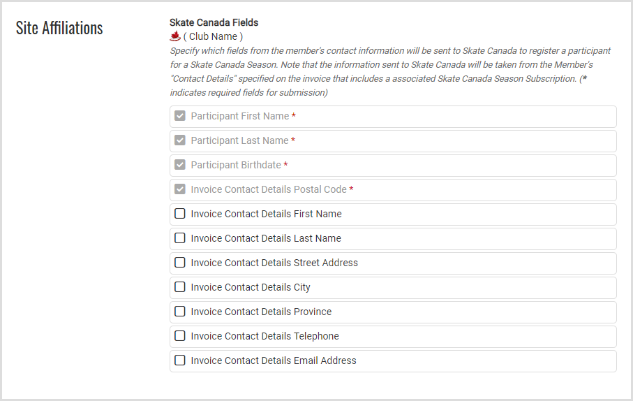 Site Affiliations section with the data sent to Skate Canada
