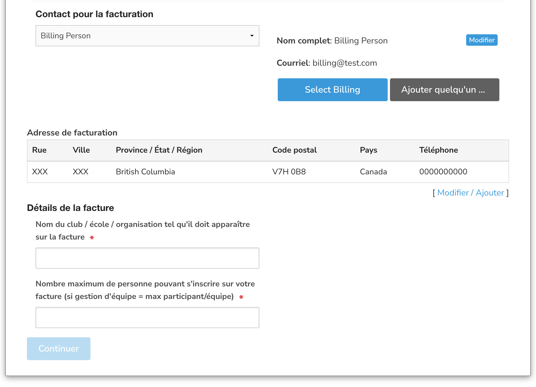 Club billing information fields