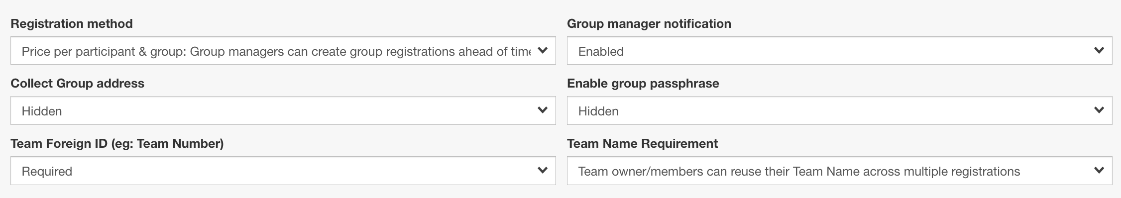 Réglages Team Foreign ID et Ability to reuse Team Name