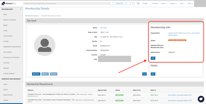 Membership Info avec le statut Requires Admin Attention