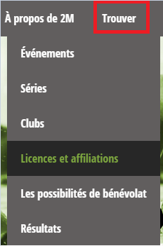 Menu Trouver avec Licences et affiliations