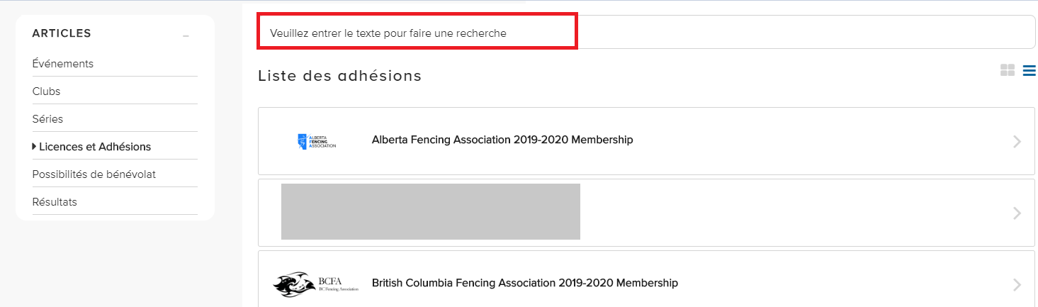 Recherche dans la liste des adhésions