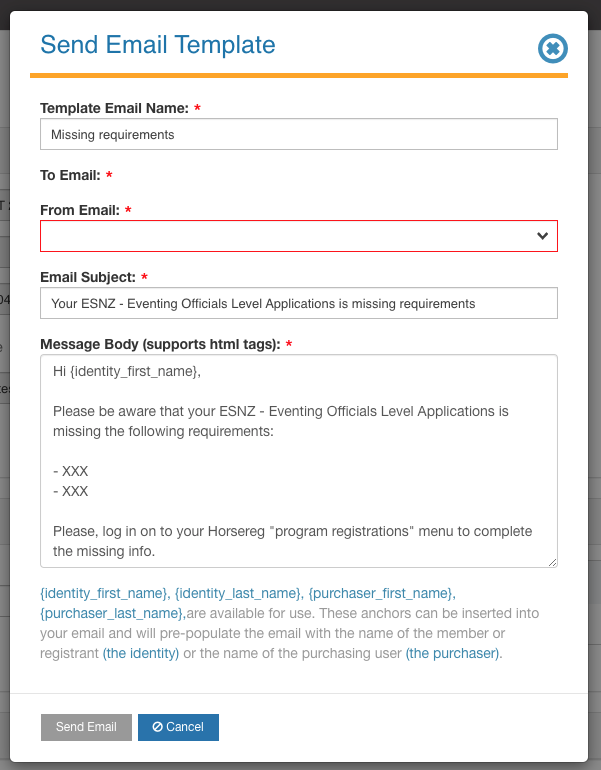 Formulaire de courriel avec l’expéditeur, l’objet, le texte et Send Email