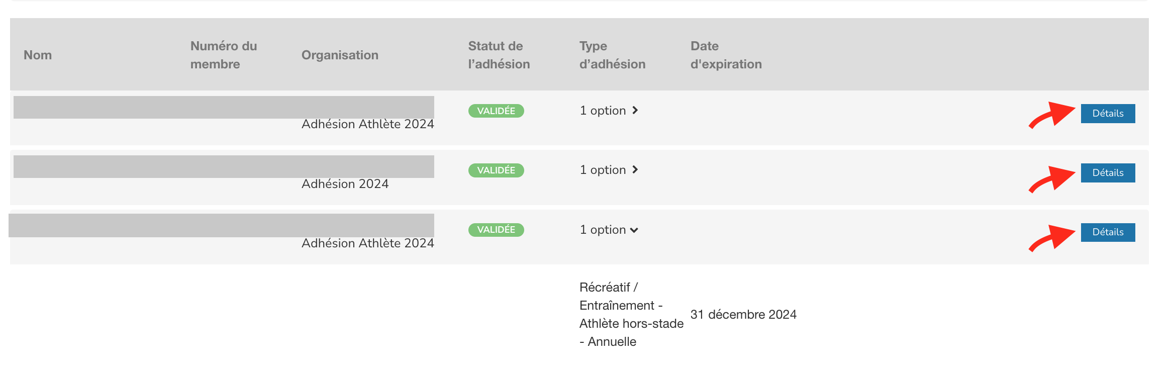 Bouton Détails de l’adhésion dans la liste des membres