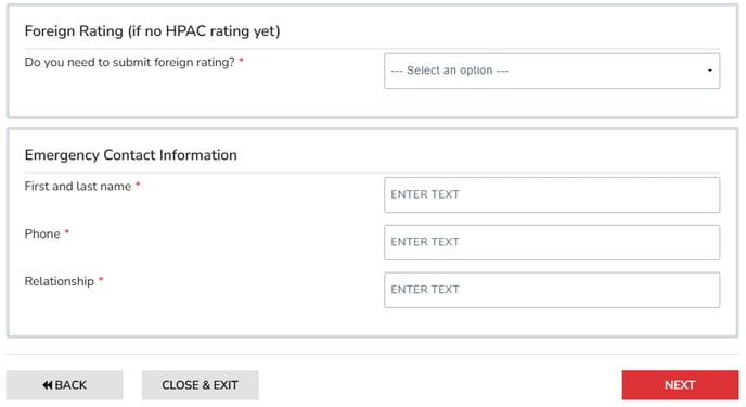 Membership questions with foreign rating and emergency contact