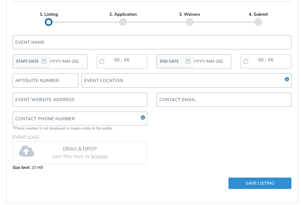 Formulaire de la fiche avec le nom, les dates, le lieu et le contact de l’événement