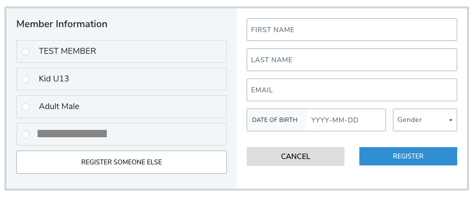Choix du membre avec Register Someone Else