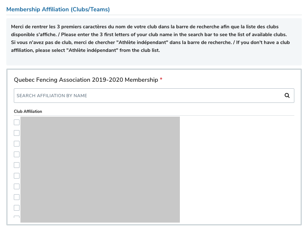 Étape d’affiliation au club avec la recherche de club