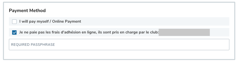 Choix du mode de paiement avec le code d’accès du club