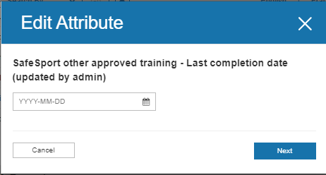 Fenêtre Edit Attribute avec la date de la formation et Next