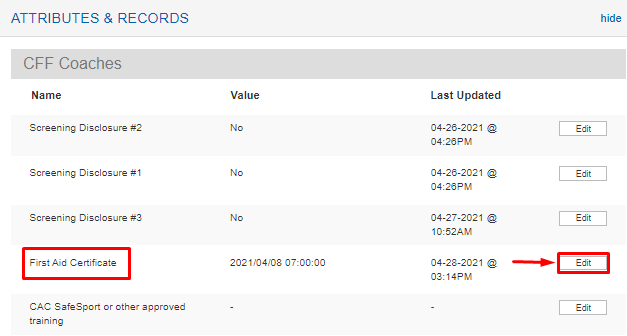Attributes & Records avec Edit sur l’attribut First Aid Certificate