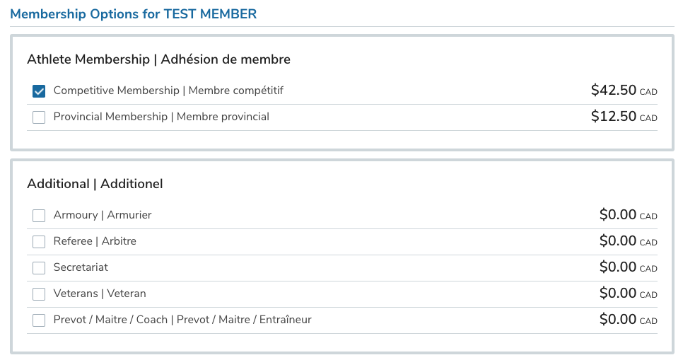 Options d’adhésion avec les types d’adhésion et les prix