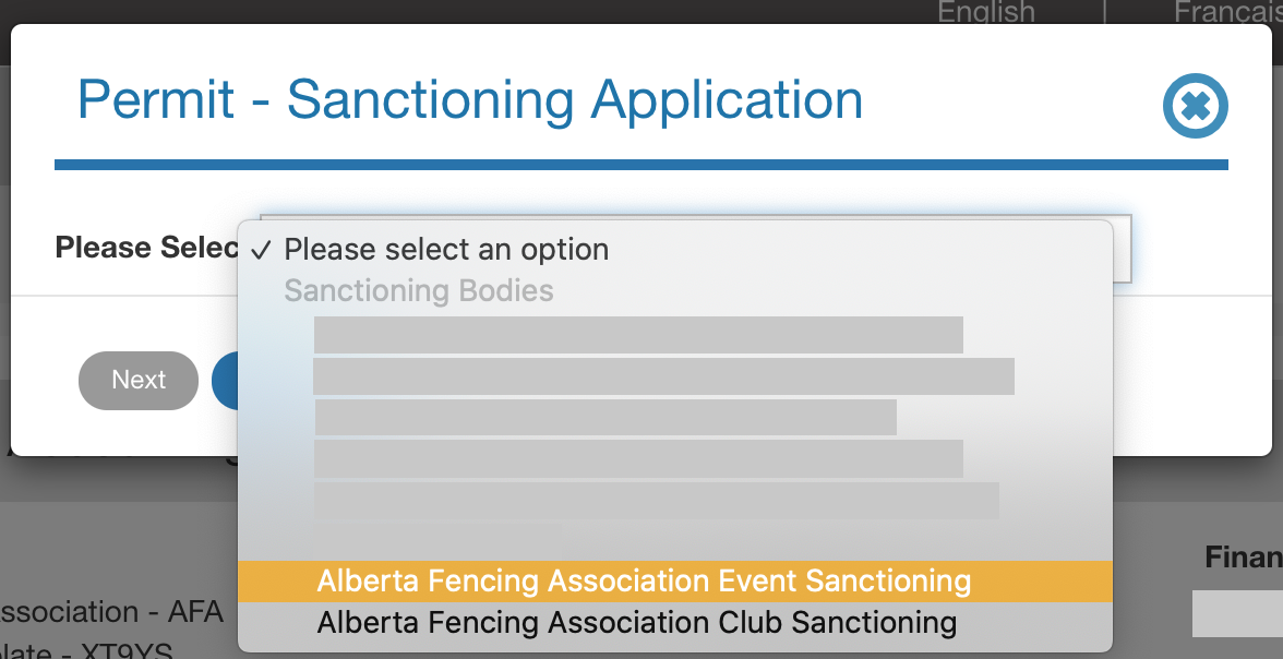 Fenêtre de demande de permis avec Alberta Fencing Association Event Sanctioning