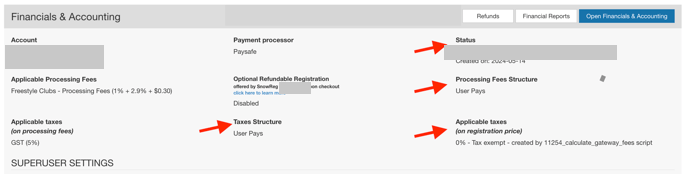 Financials & Accounting section with processor, fees and taxes