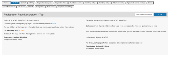 Registration page description editor