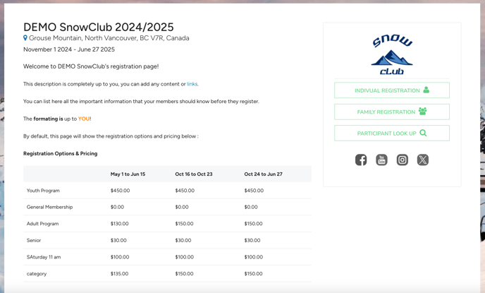 Sample club registration page with description and prices