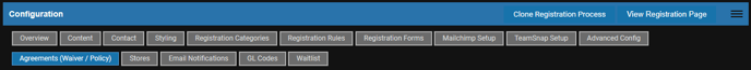 Configuration tabs with the Agreements (Waiver / Policy) sub-tab