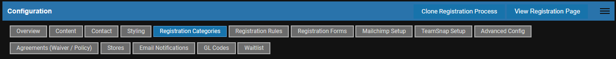 Onglets de configuration avec le sous-onglet Registration Categories