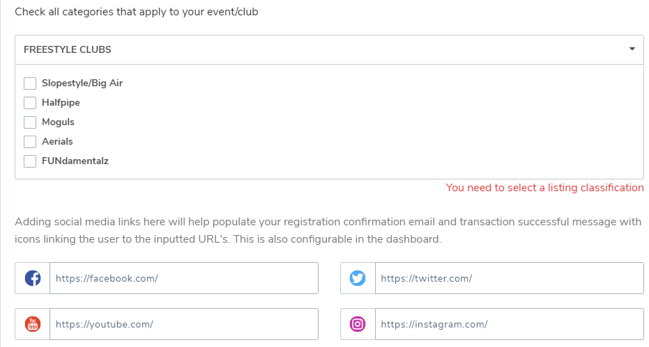 Freestyle club classifications with social media links