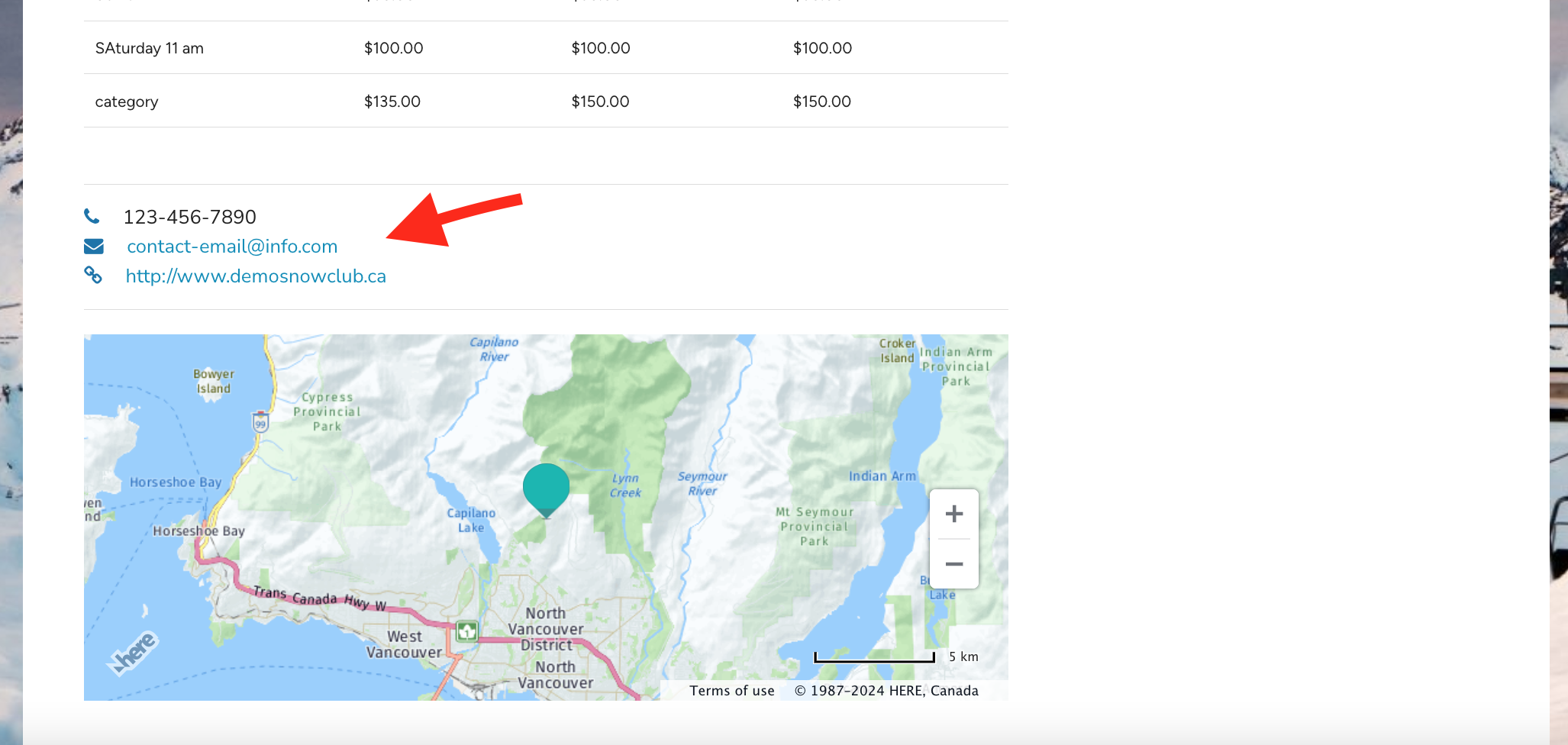 Coordonnées et carte du club sur la page d’inscription